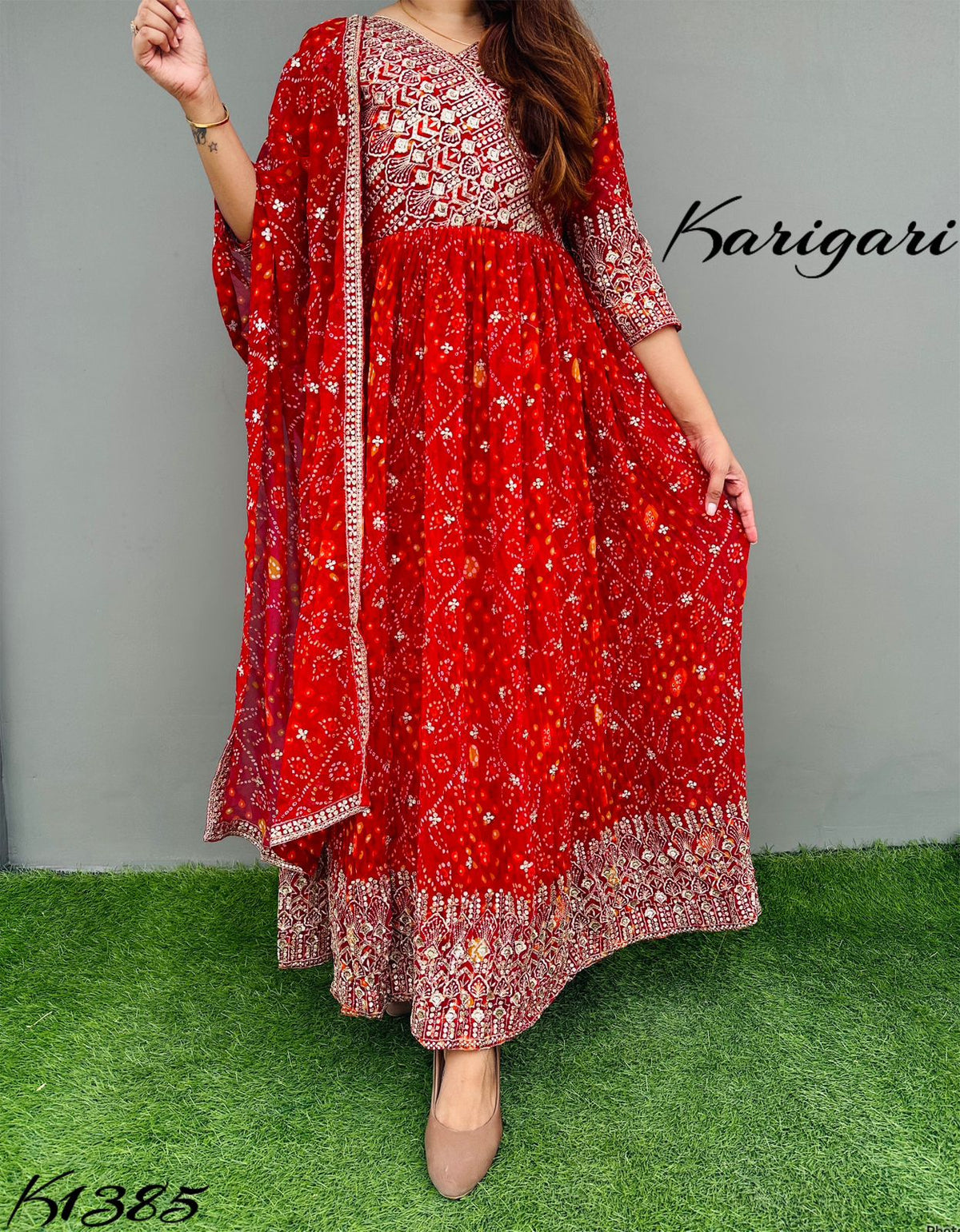 k1385 bandhni SPECIAL Premium Georgette BANDHNI gown paired up with duppatta.