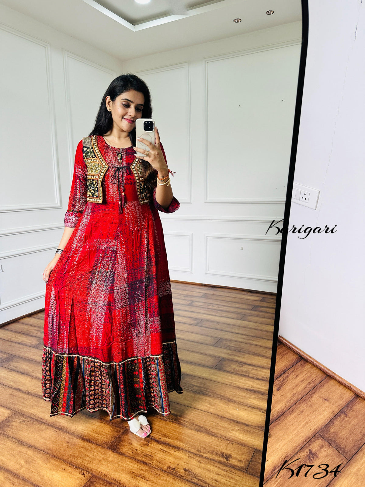Elegant Rayon Printed Gown with Embroidered Mirror Work Jacket