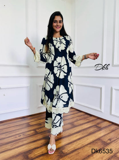Cotton Printed 2-Piece Set with Pintex Detailing & Crochet Schiffli Lace