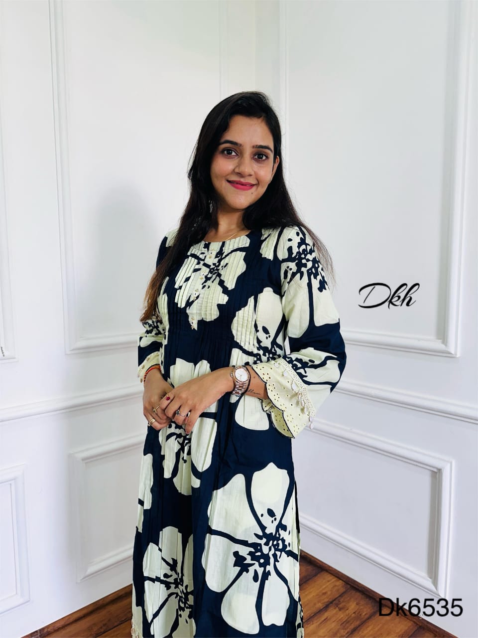 Cotton Printed 2-Piece Set with Pintex Detailing & Crochet Schiffli Lace