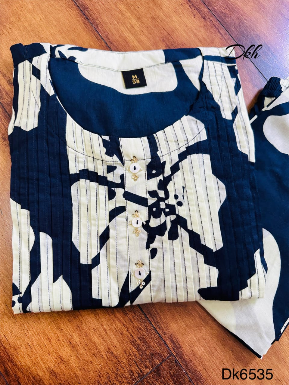 Cotton Printed 2-Piece Set with Pintex Detailing & Crochet Schiffli Lace