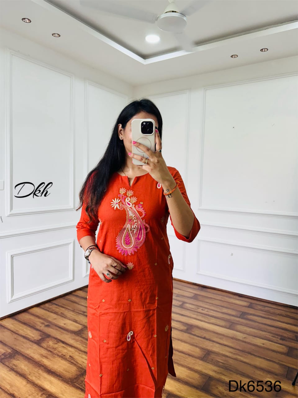 Rust Cotton Flex Embroidered Kurta Set – Two Piece
