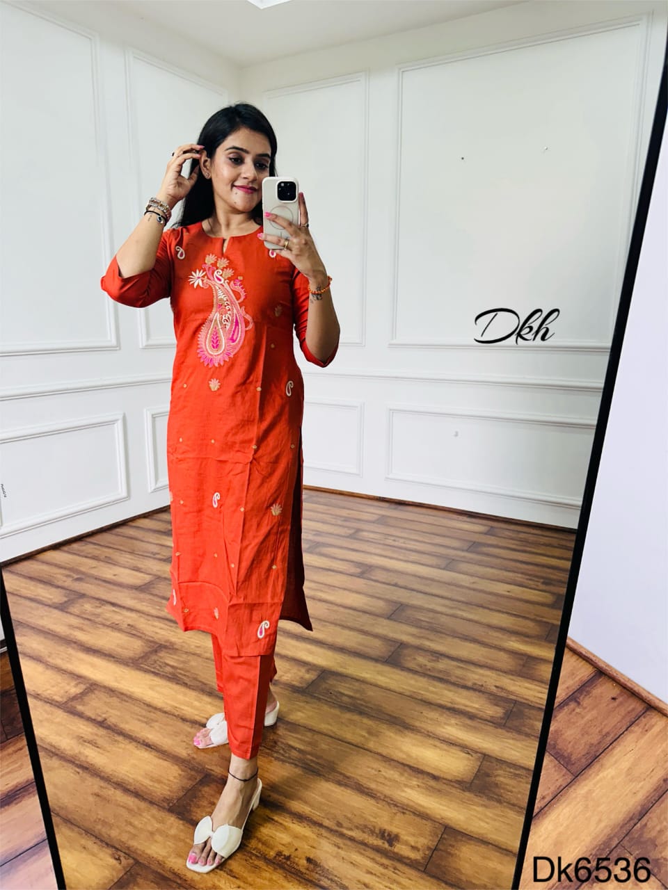 Rust Cotton Flex Embroidered Kurta Set – Two Piece