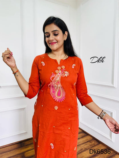 Rust Cotton Flex Embroidered Kurta Set – Two Piece