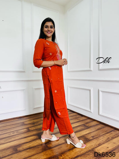 Rust Cotton Flex Embroidered Kurta Set – Two Piece