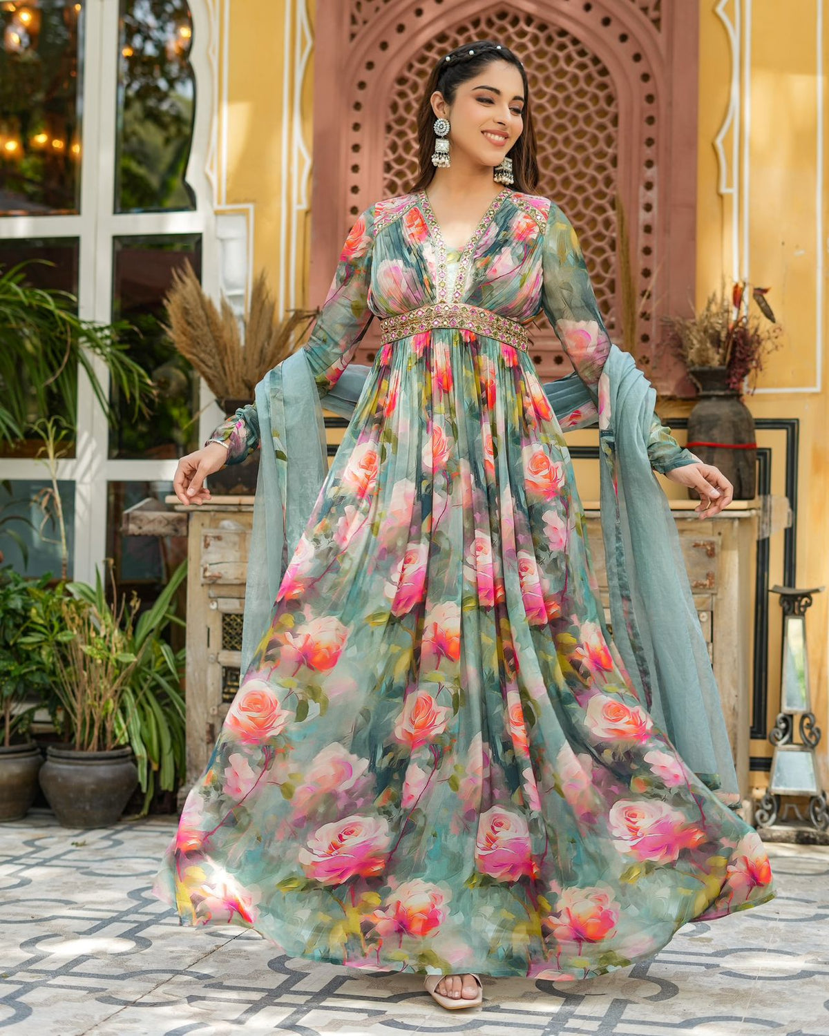 Premium viscose natural crepe printed gown K1159