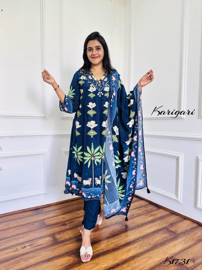 Pure Crepe Printed Suit Set with Zari, Sequin & Mirror Work – Navy Blue