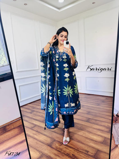 Pure Crepe Printed Suit Set with Zari, Sequin & Mirror Work – Navy Blue