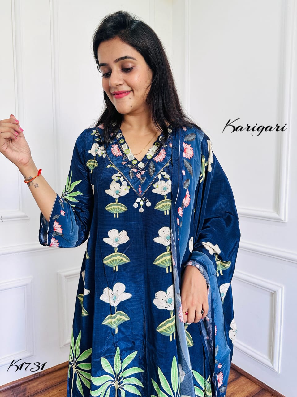 Pure Crepe Printed Suit Set with Zari, Sequin & Mirror Work – Navy Blue