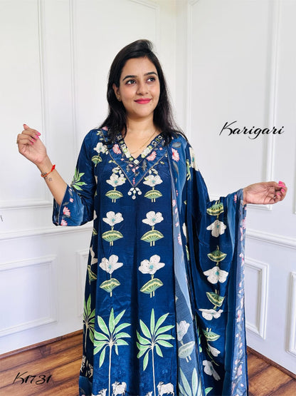 Pure Crepe Printed Suit Set with Zari, Sequin & Mirror Work – Navy Blue