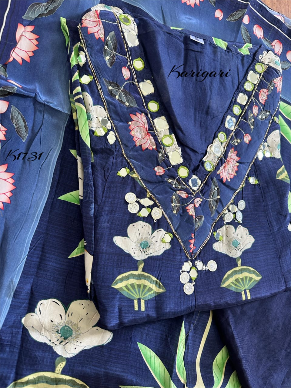 Pure Crepe Printed Suit Set with Zari, Sequin & Mirror Work – Navy Blue