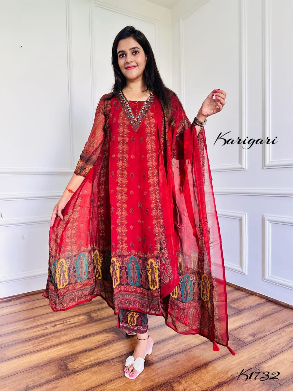 Elegant Soft Organza 3-Piece Suit with Sequin, Cheena & Coin Work Detailing – mahroon