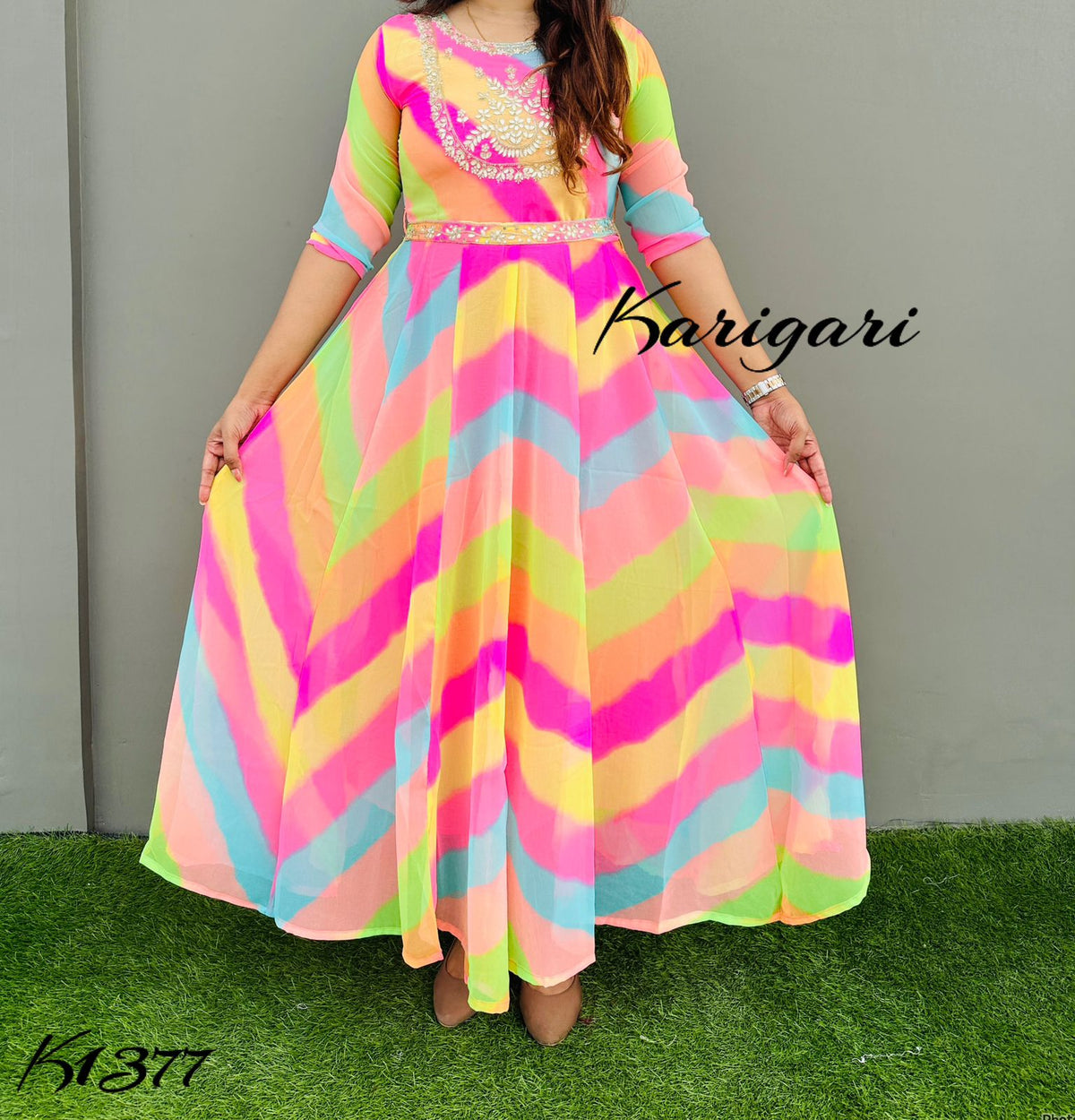 k1377 Premium georgette gown in beautiful vibrant lehriya