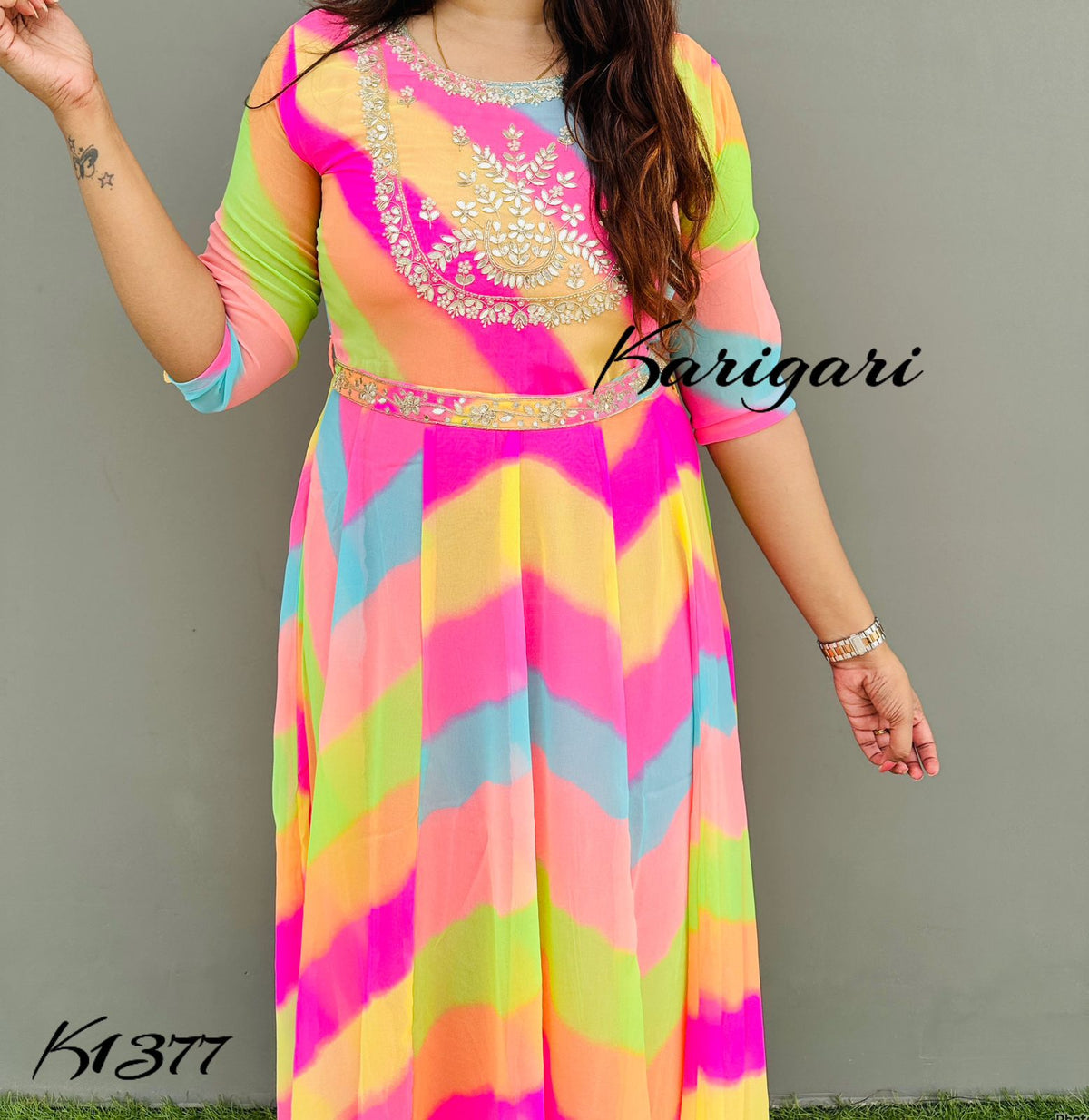 k1377 Premium georgette gown in beautiful vibrant lehriya