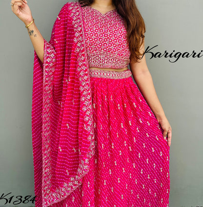 k1384 Premium georgette 3 pc lehenga set with crop top skirt and dupatta