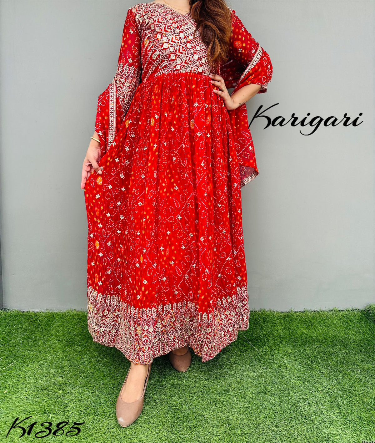 k1385 bandhni SPECIAL  Premium Georgette BANDHNI gown paired up with duppatta.