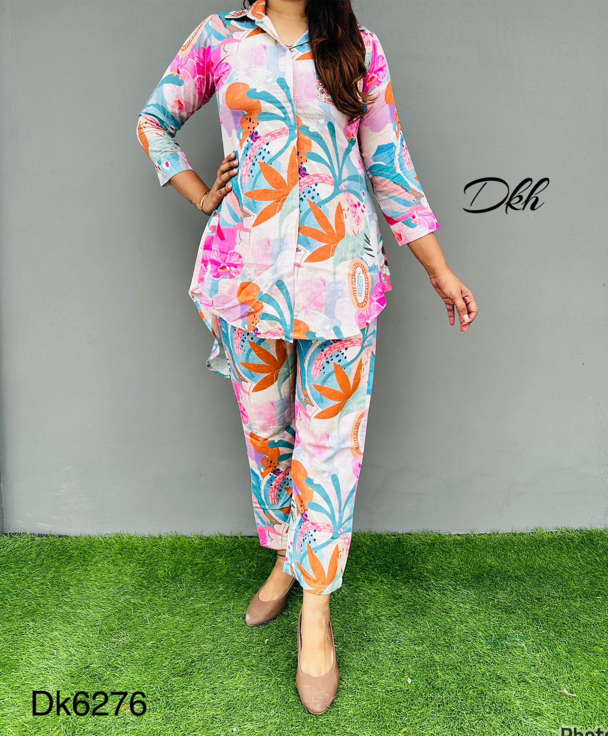 DK6276  Premium segment khadi cotton printed coord set with hi low style top having collar paired &nbsp;up with pants…