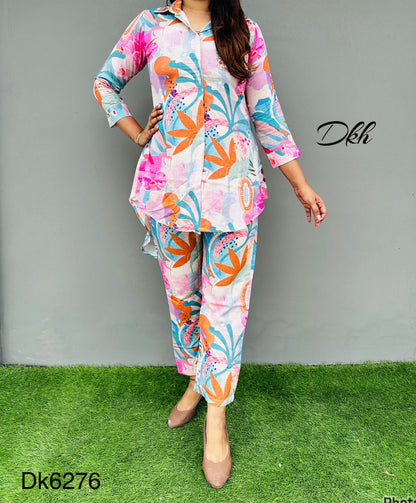 DK6276  Premium segment khadi cotton printed coord set with hi low style top having collar paired &nbsp;up with pants…