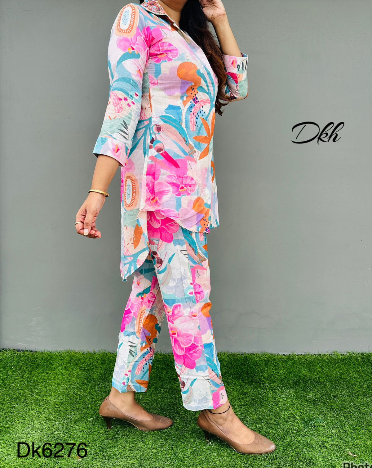 DK6276  Premium segment khadi cotton printed coord set with hi low style top having collar paired &nbsp;up with pants…