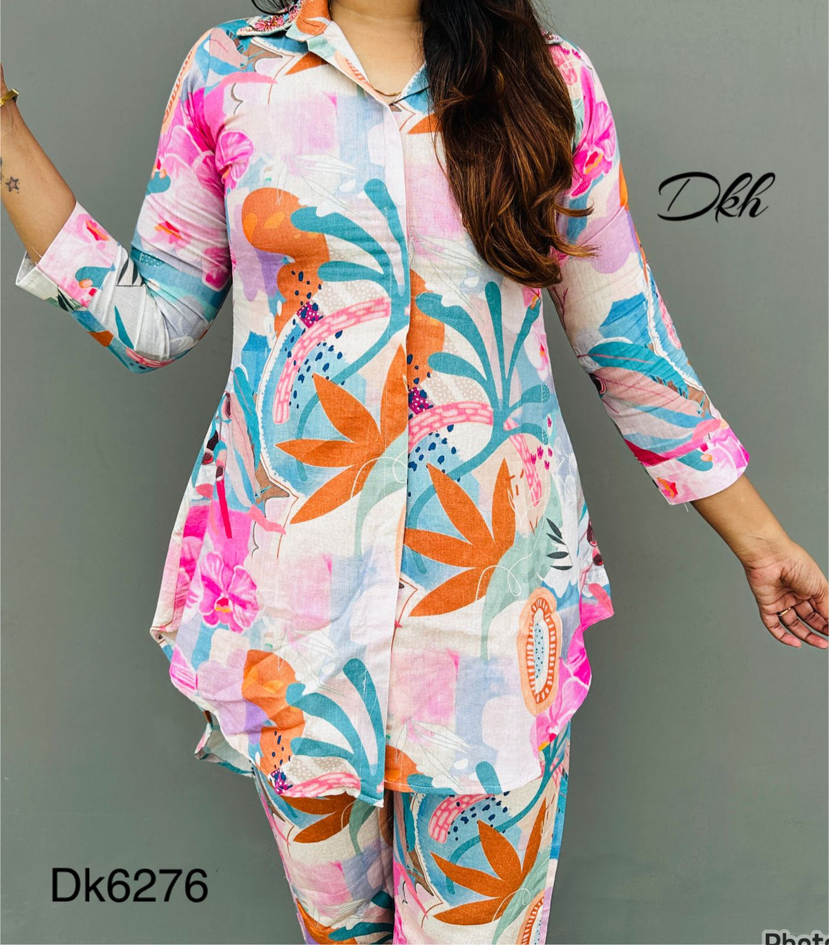 DK6276  Premium segment khadi cotton printed coord set with hi low style top having collar paired &nbsp;up with pants…