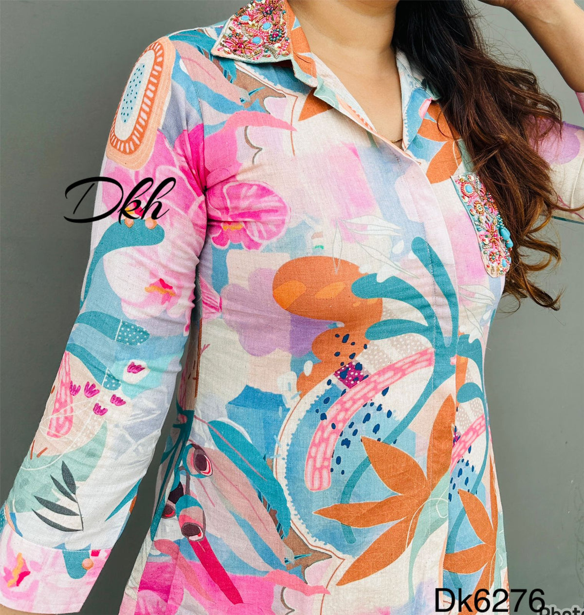 DK6276  Premium segment khadi cotton printed coord set with hi low style top having collar paired &nbsp;up with pants…