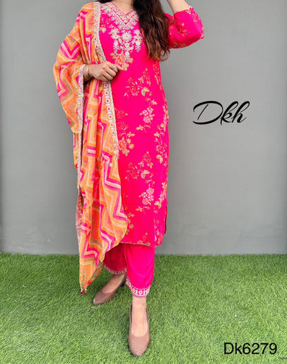 dk6269 Premium pure silk 3 pc suit set with lining inside paired up with pure organza dupatta.