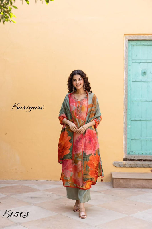 Karigari by DKH k1513 Premium shimmer tissue  3 pc suit set