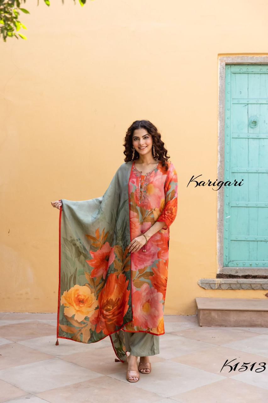 Karigari by DKH k1513 Premium shimmer tissue  3 pc suit set