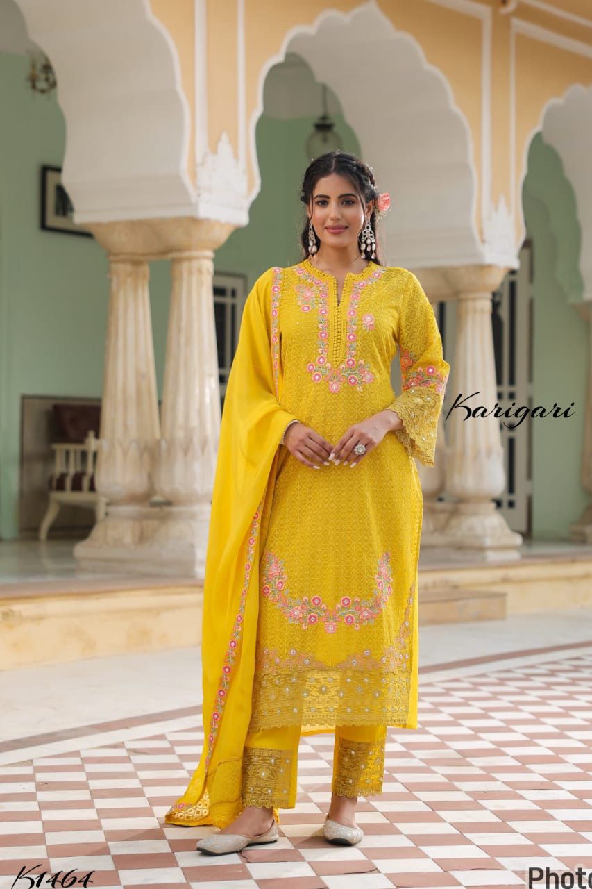 Karigari by DKH K1464  Premium georgette schifli 3 pc suit set