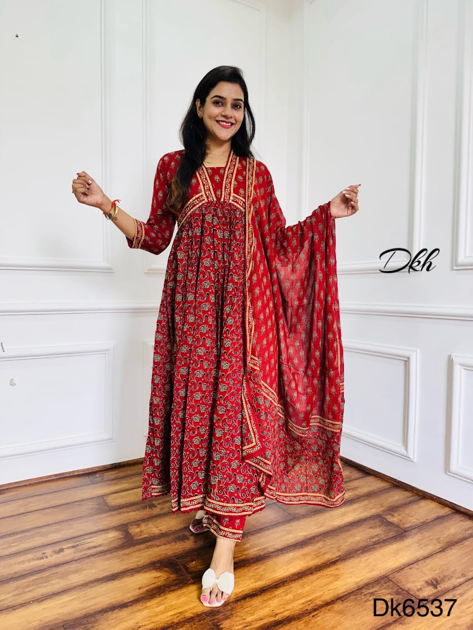 Kalamkari Special Rust Cotton 3-Piece Anarkali Suit with Bead & Sequin Detailing