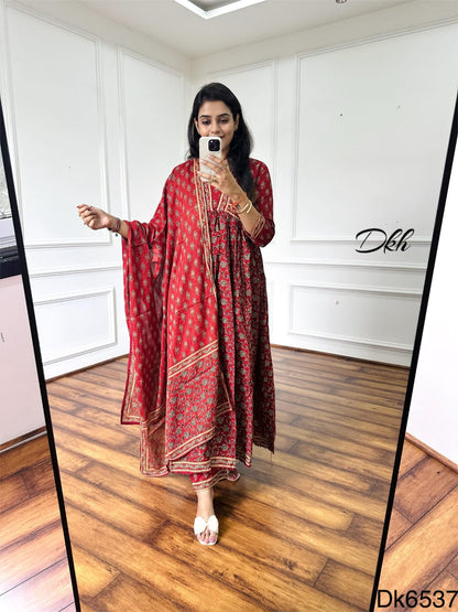Kalamkari Special Rust Cotton 3-Piece Anarkali Suit with Bead & Sequin Detailing