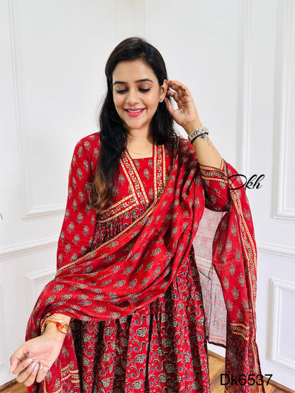 Kalamkari Special Rust Cotton 3-Piece Anarkali Suit with Bead & Sequin Detailing