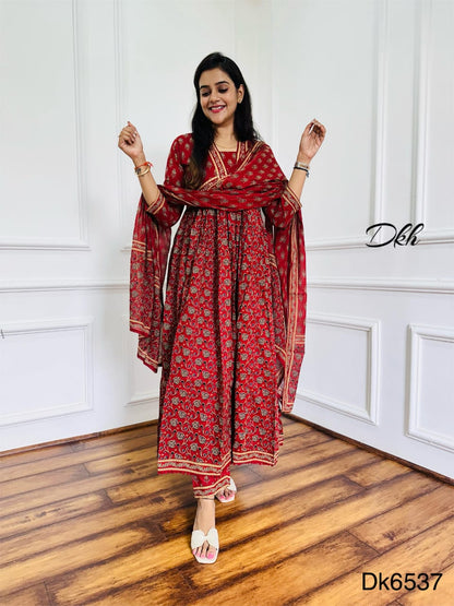 Kalamkari Special Rust Cotton 3-Piece Anarkali Suit with Bead & Sequin Detailing