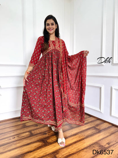 Kalamkari Special Rust Cotton 3-Piece Anarkali Suit with Bead & Sequin Detailing
