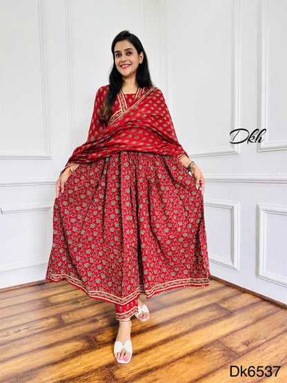 Kalamkari Special Rust Cotton 3-Piece Anarkali Suit with Bead & Sequin Detailing