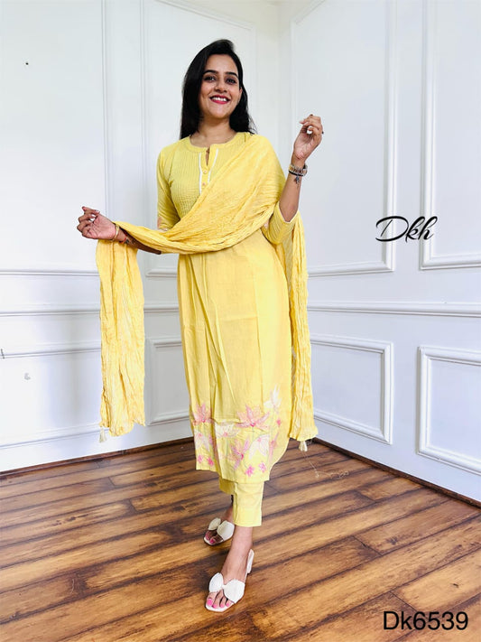 Elegant Yellow Cotton 3-Piece Suit Set with Embroidery & Crush Dupatta