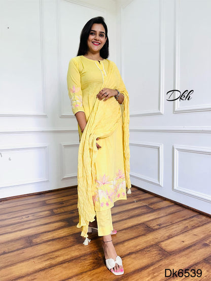 Elegant Yellow Cotton 3-Piece Suit Set with Embroidery & Crush Dupatta