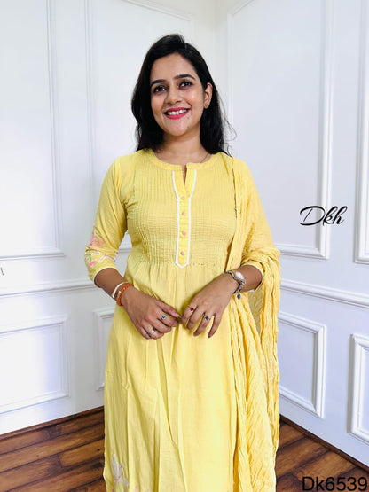 Elegant Yellow Cotton 3-Piece Suit Set with Embroidery & Crush Dupatta