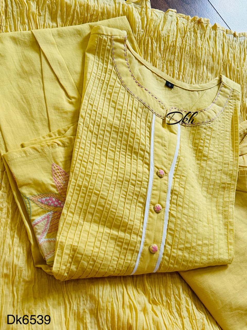 Elegant Yellow Cotton 3-Piece Suit Set with Embroidery & Crush Dupatta