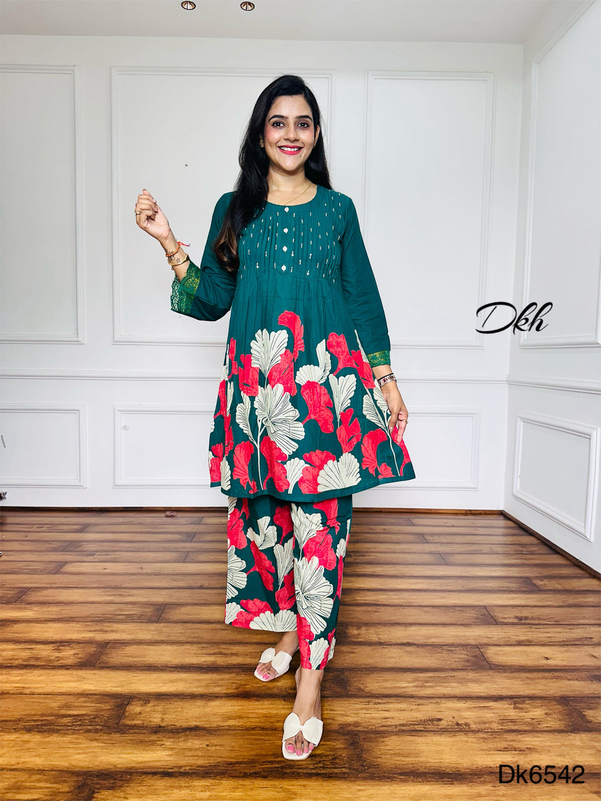 Teal Green Cotton Kurti & Palazzo 2-Piece Set with Floral Print and Crochet Lace