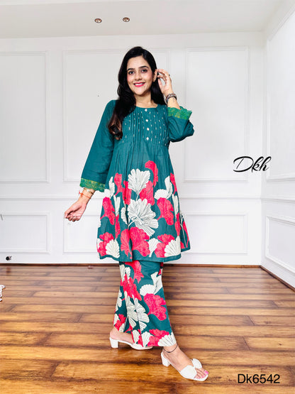 Teal Green Cotton Kurti & Palazzo 2-Piece Set with Floral Print and Crochet Lace