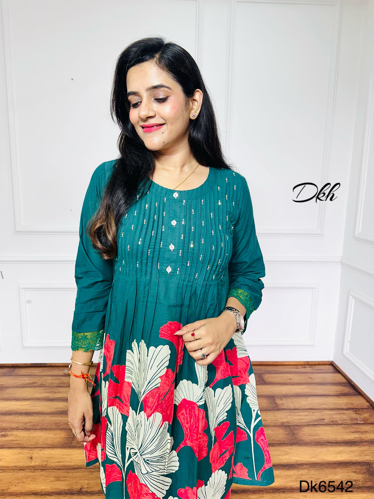 Teal Green Cotton Kurti & Palazzo 2-Piece Set with Floral Print and Crochet Lace