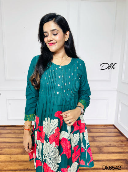 Teal Green Cotton Kurti & Palazzo 2-Piece Set with Floral Print and Crochet Lace