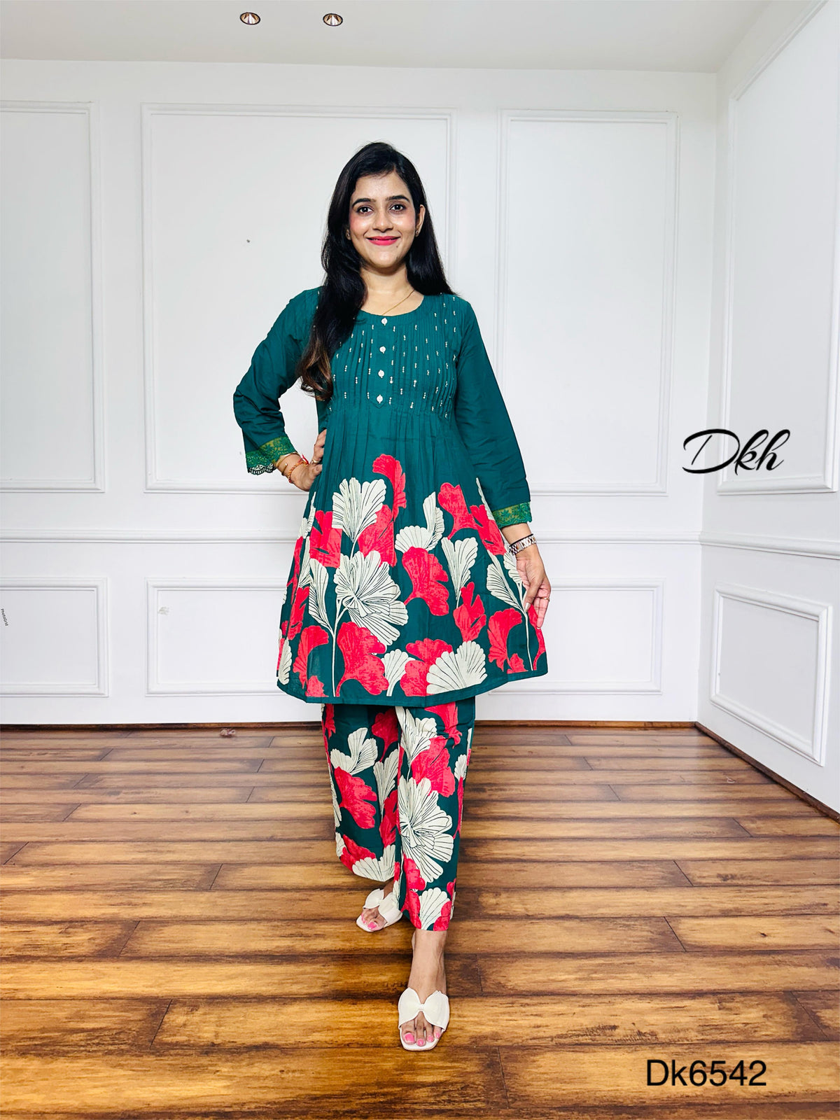 Teal Green Cotton Kurti & Palazzo 2-Piece Set with Floral Print and Crochet Lace