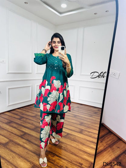 Teal Green Cotton Kurti & Palazzo 2-Piece Set with Floral Print and Crochet Lace