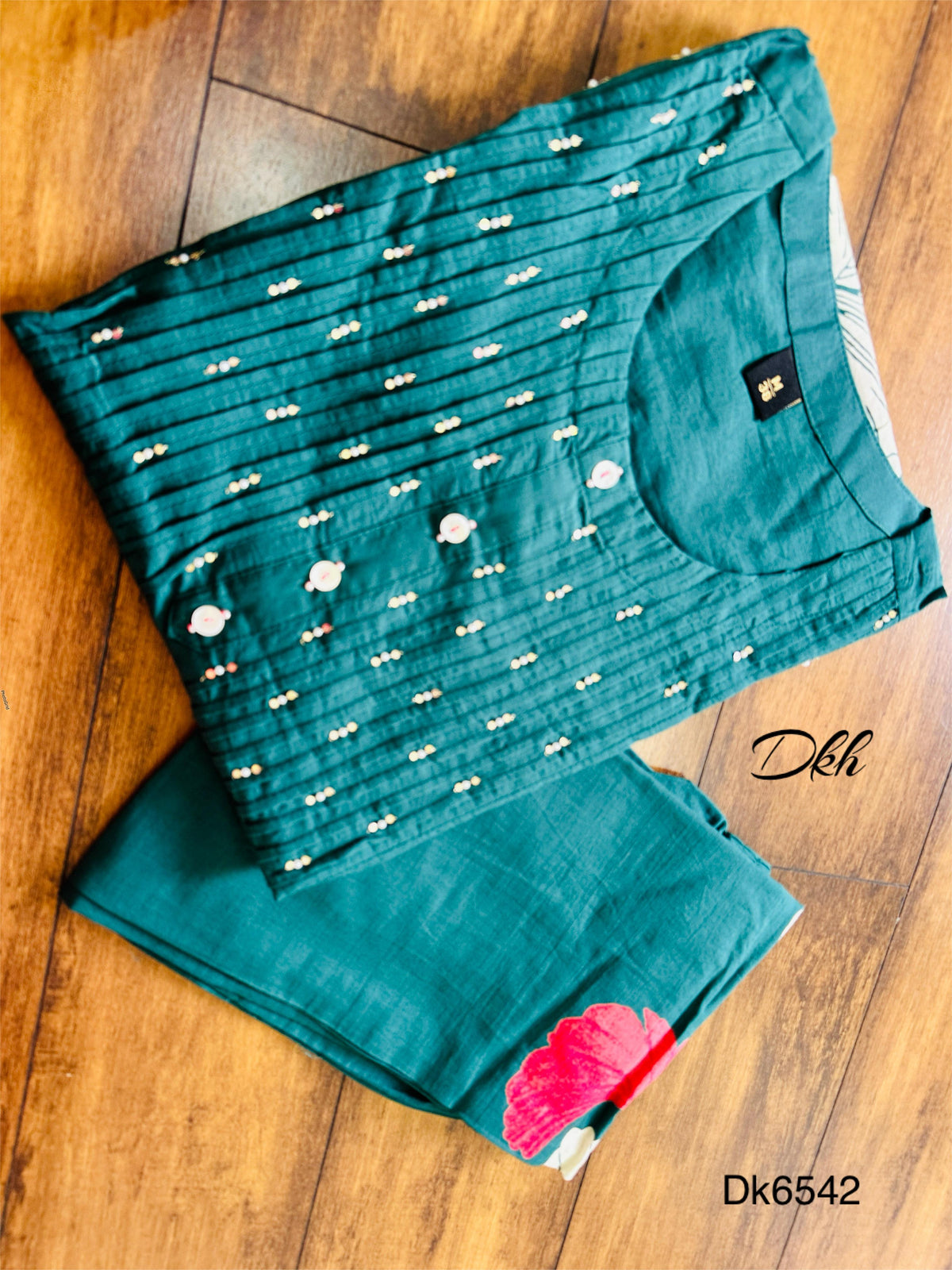 Teal Green Cotton Kurti & Palazzo 2-Piece Set with Floral Print and Crochet Lace