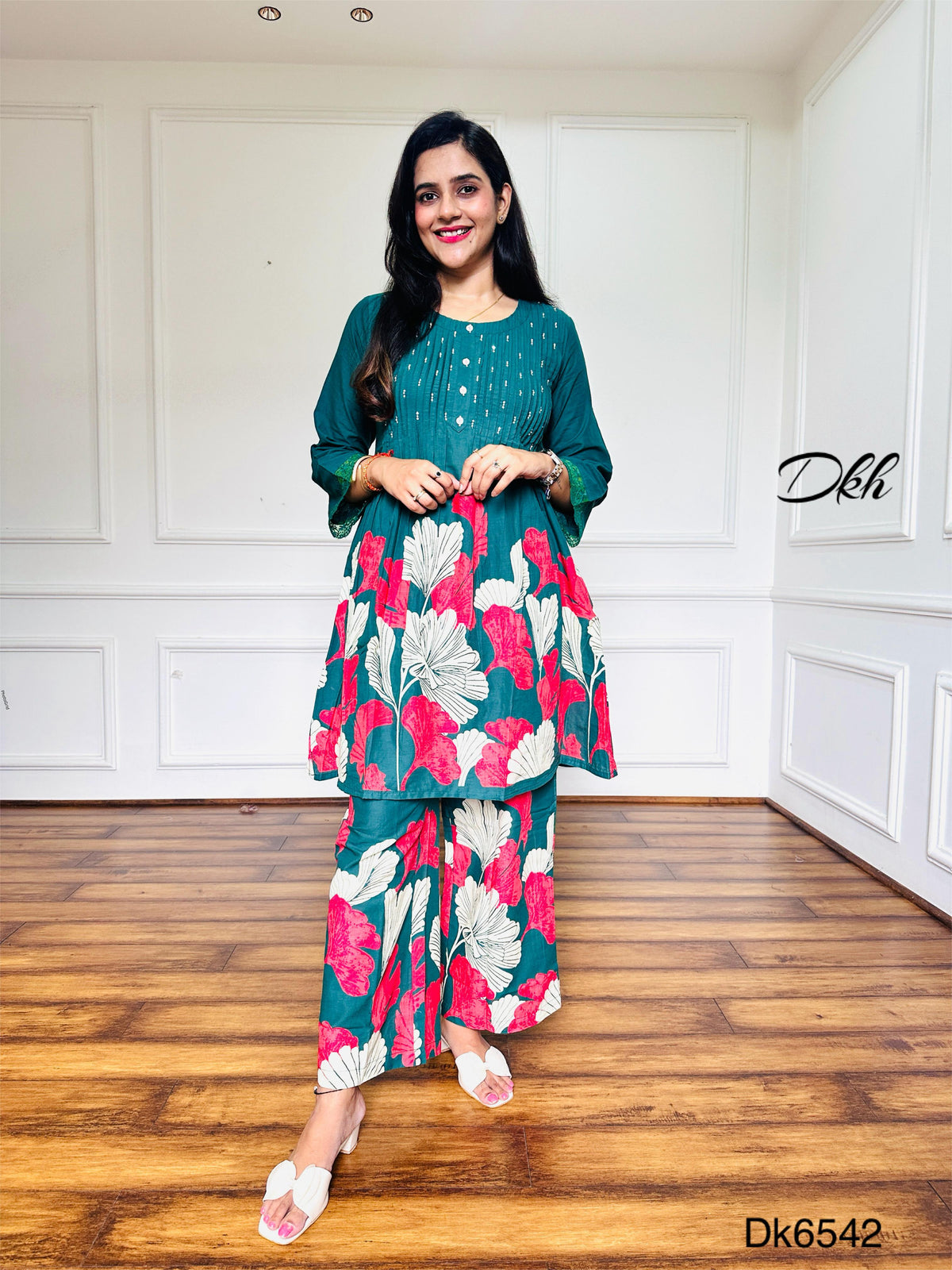 Teal Green Cotton Kurti & Palazzo 2-Piece Set with Floral Print and Crochet Lace