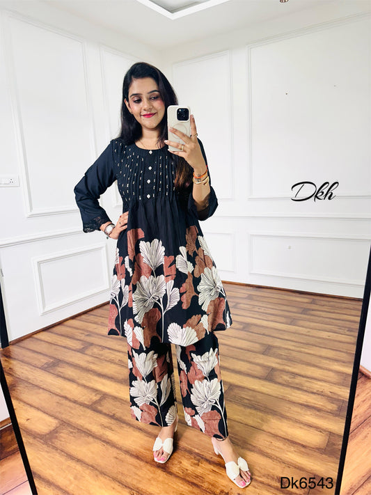 Black Cotton Kurti & Palazzo 2-Piece Set with Floral Print and Crochet Lace