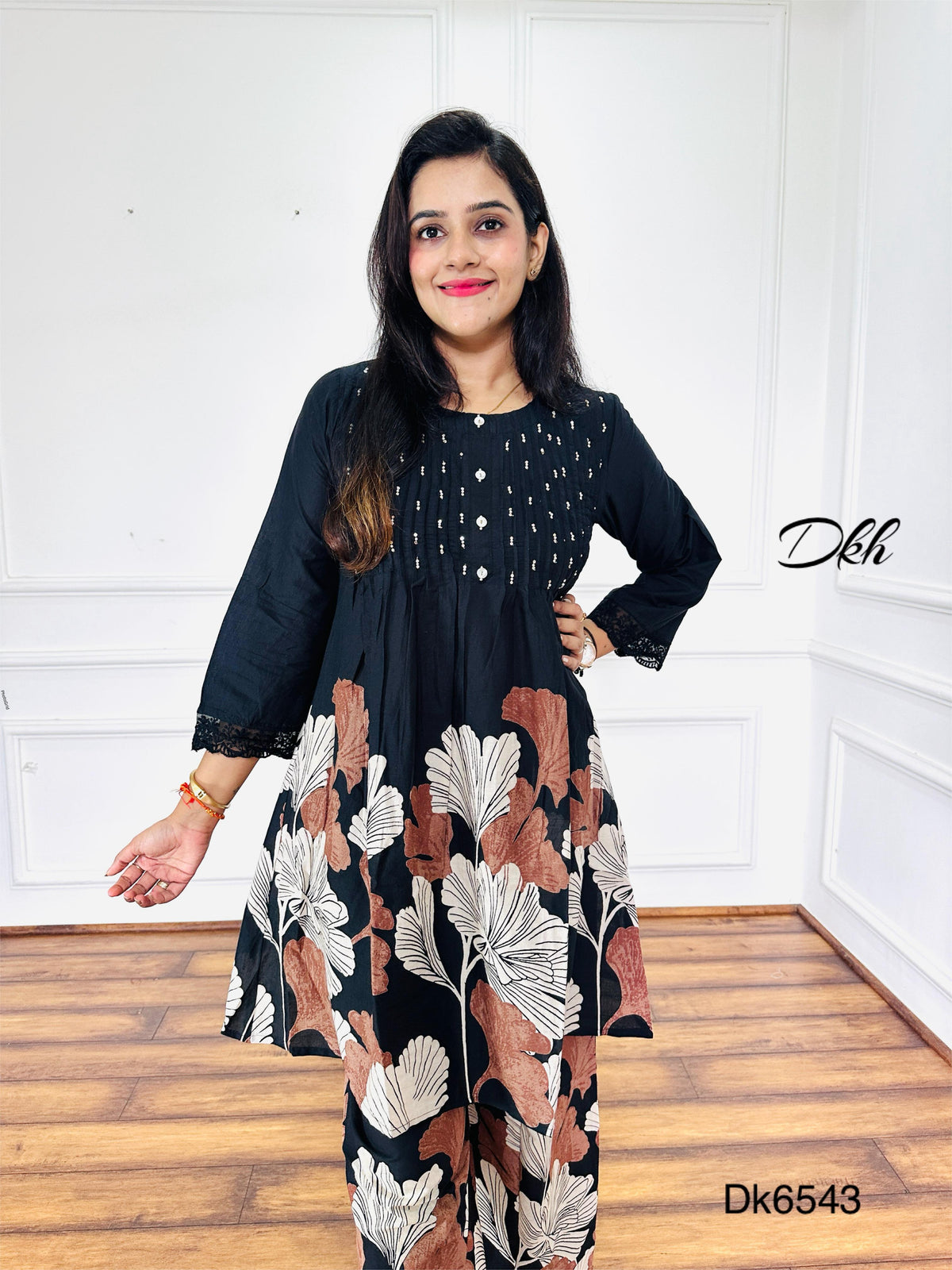 Black Cotton Kurti & Palazzo 2-Piece Set with Floral Print and Crochet Lace