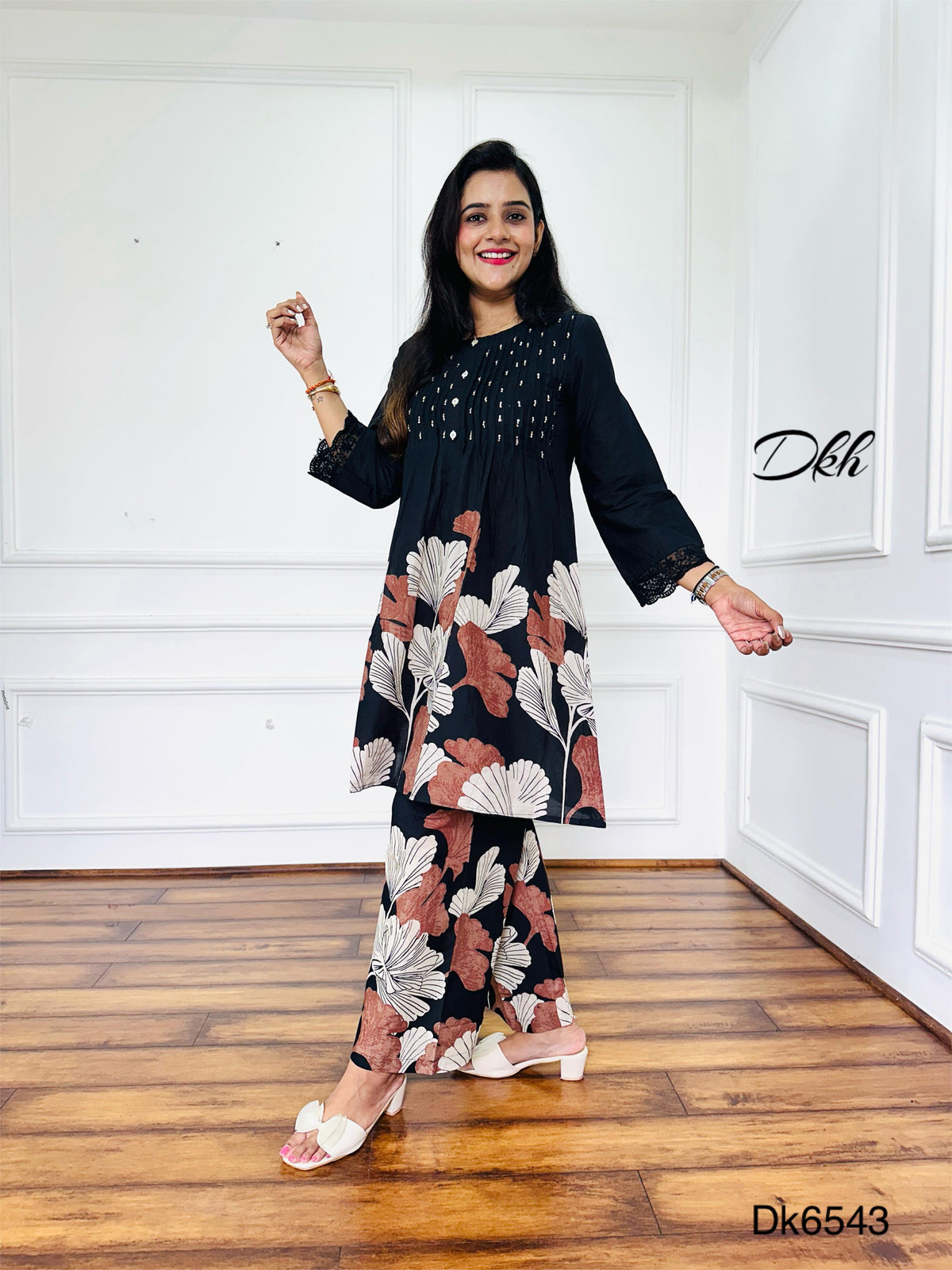 Black Cotton Kurti & Palazzo 2-Piece Set with Floral Print and Crochet Lace